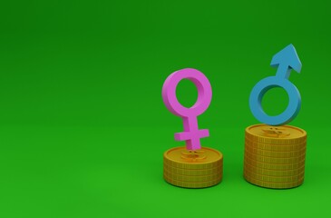 3D illustration, gender symbols, over currency, concept of wage inequality between men and women, green background, 3D rendering