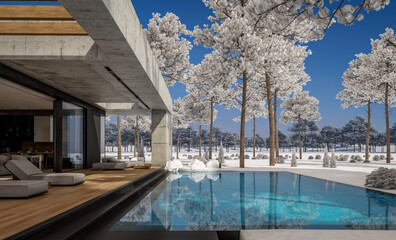 3d rendering of new concrete house in modern style with pool and parking for sale or rent and beautiful landscaping on background. The house has only one floor. Cool winter day with shiny white snow.