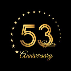 53 Years Anniversary, Perfect template design for anniversary celebration with gold color for booklet, leaflet, magazine, brochure poster, web, invitation or greeting card. Vector template