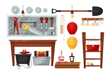 Garage or workshop furniture and tools vector illustrations set. Cartoon drawings of workbench, different instruments hanging on board isolated on white background. Carpentry, repair service concept