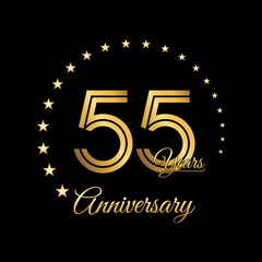 55 Years Anniversary, Perfect template design for anniversary celebration with gold color for booklet, leaflet, magazine, brochure poster, web, invitation or greeting card. Vector template
