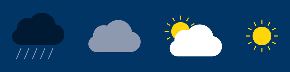 Illustration with weather on blue background for design. Sun, cloud, rain.