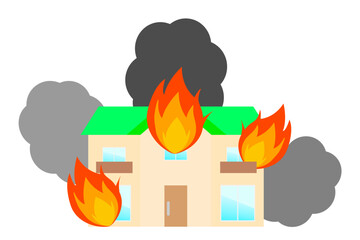 火事。火災現場。住宅が火事で燃えている。