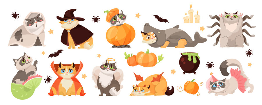 Cat Characters In Halloween Costumes Vector Illustrations Set. Cute Comic Kitties In Spooky Clothes, Kitten In Pumpkin Hat For Autumn Holiday Isolated On White Background. Halloween, Pets Concept