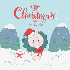 Vector illustration Christmas card with a cute rabbit with a Christmas wreath .Winter landscape with lettering