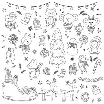 Set of cute hand drawn doodle Christmas animals Bcat,deer,koala,penguin,fox.