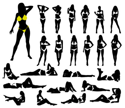Collection of women silhouette in bikini on white background
