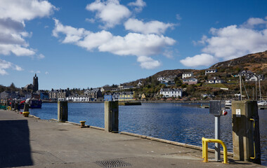 Concrete mooring posts and bollards on the harbour front at East Loch Tarbert, Argyll and Bute