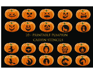 20 printable Halloween pumpkin carving stencils Jack o lantern Pumpkin face svg Carving Templates