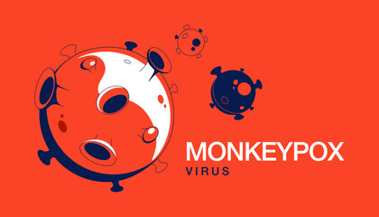 Monkeypox virus cells outbreak medical banner. Monkeypox virus cells on white sciense background. Monkey pox microbiological vector background. Vector EPS10