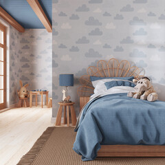 Farmhouse children bedroom in blue and beige tones. Single bed with wall mockup. Parquet floor and wallpaper. Boho interior design