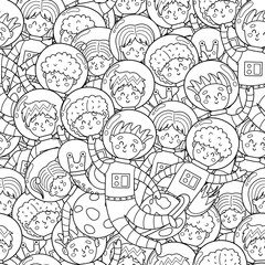 Cute kids astronauts seamless pattern. Space characters in spacesuits coloring page. Doodle black and white background. Vector illustration