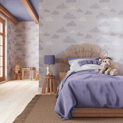 Farmhouse children bedroom in violet and beige tones. Single bed with wall mockup. Parquet floor and wallpaper. Boho interior design