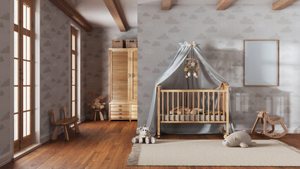 Wooden nursery with wallpaper in white and beige tones with frame mockup. Canopy crib, carpet and toys. Vintage interior design