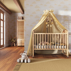 Wooden nursery with wallpaper in white and yellow tones. Canopy crib, carpet and toys. Farmhouse interior design