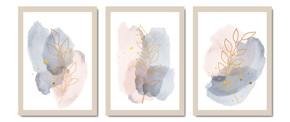 Set of modern botanical prints, paintings with watercolor blue, pink strokes and gold leaves. Vector canvas design for print and home decor.