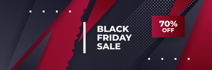 Black Friday sale design template. Black Friday sale horizontal banner with black red background with place for text. Design template for black Friday sale banner. Vector illustration.