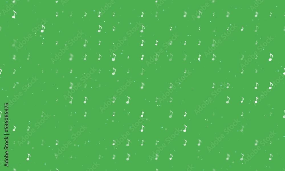 Poster seamless background pattern of evenly spaced white musical note symbols of different sizes and opaci