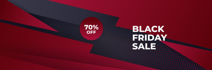 Black Friday sale design template. Black Friday sale horizontal banner with black red background with place for text. Design template for black Friday sale banner. Vector illustration.