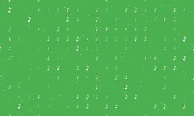 Seamless background pattern of evenly spaced white musical note symbols of different sizes and opacity. Vector illustration on green background with stars