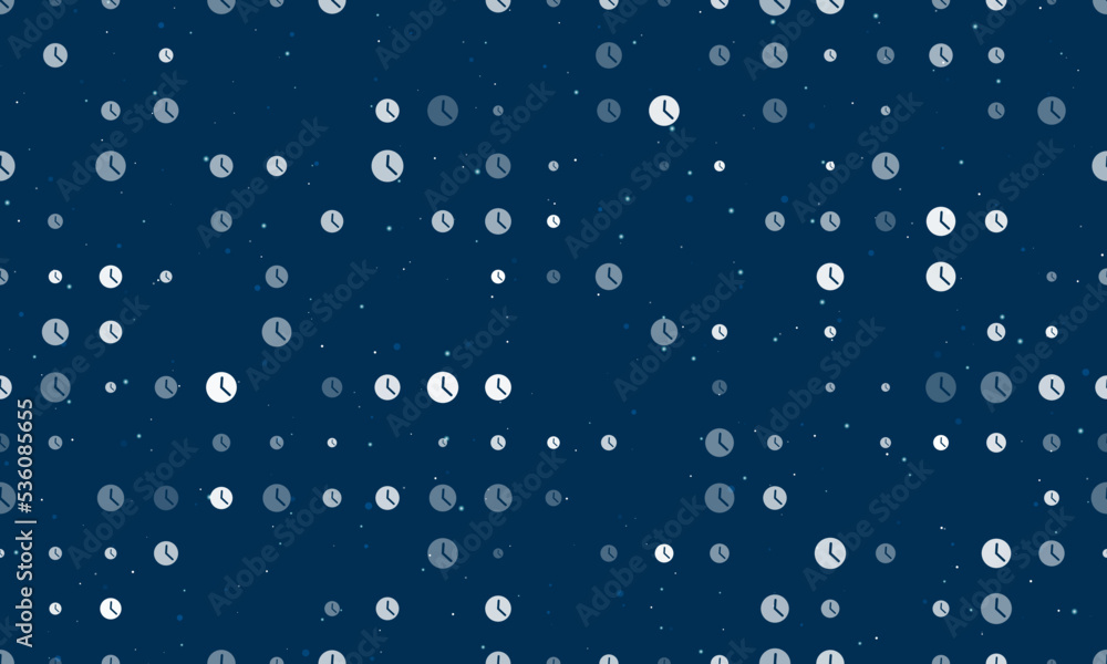 Poster seamless background pattern of evenly spaced white time symbols of different sizes and opacity. vect