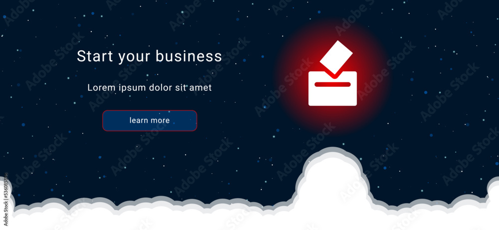 Poster business startup concept landing page screen. the vote symbol on the right is highlighted in bright 