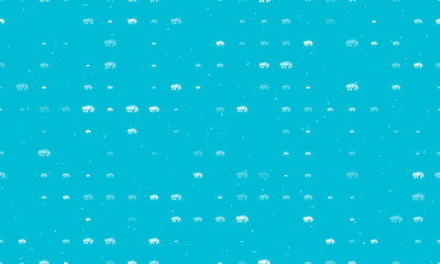 Seamless background pattern of evenly spaced white truck symbols of different sizes and opacity. Vector illustration on cyan background with stars