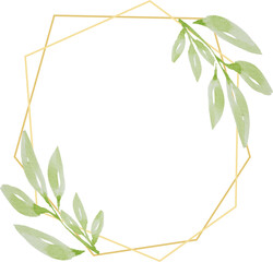 watercolor botanical hand drawing green leafs wreath with golden frame