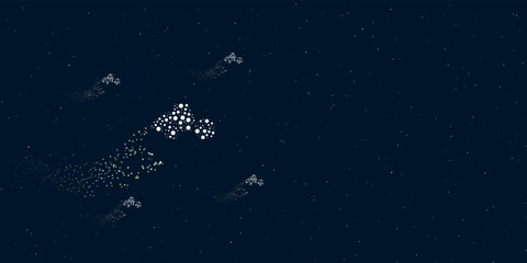 Fototapeta na wymiar A road roller symbol filled with dots flies through the stars leaving a trail behind. There are four small symbols around. Vector illustration on dark blue background with stars