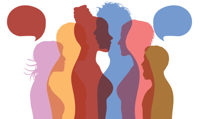 Social networking communication. People talking. Multicoloured profile vector cartoon. Communication between groups of people talking. Crowd talking.