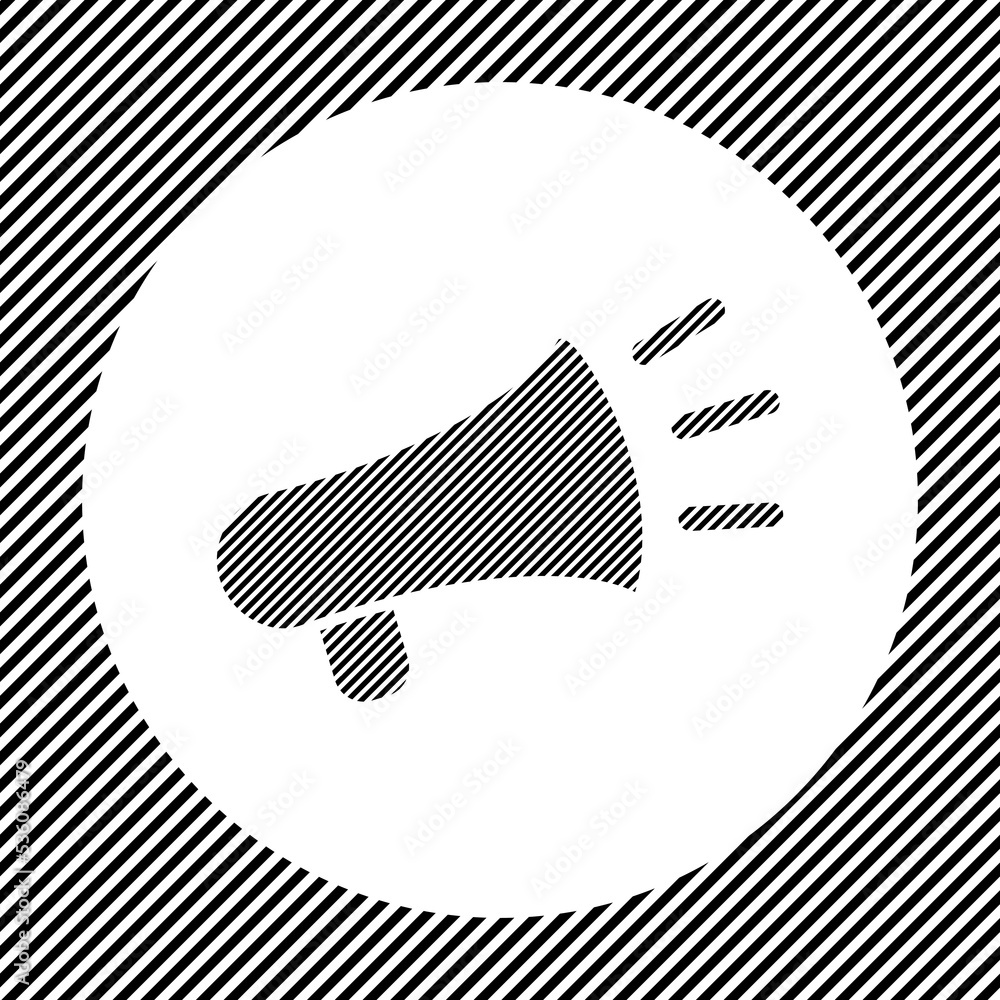 Poster a large megaphone symbol in the center as a hatch of black lines on a white circle. interlaced effec