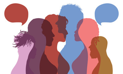 People communicating. Crowd talking with speech bubbles. Talking group of vector cartoon people.