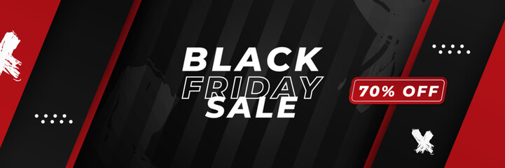 Black Friday sale design template. Black Friday sale horizontal banner with black red background with place for text. Design template for black Friday sale banner. Vector illustration.