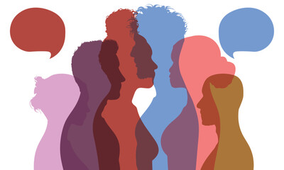 Vector cartoon faces of multicultural business people with speech bubbles expressing opinions, evaluations, and feedback.