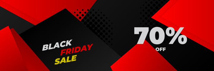 Black Friday sale design template. Black Friday sale horizontal banner with black red background with place for text. Design template for black Friday sale banner. Vector illustration.