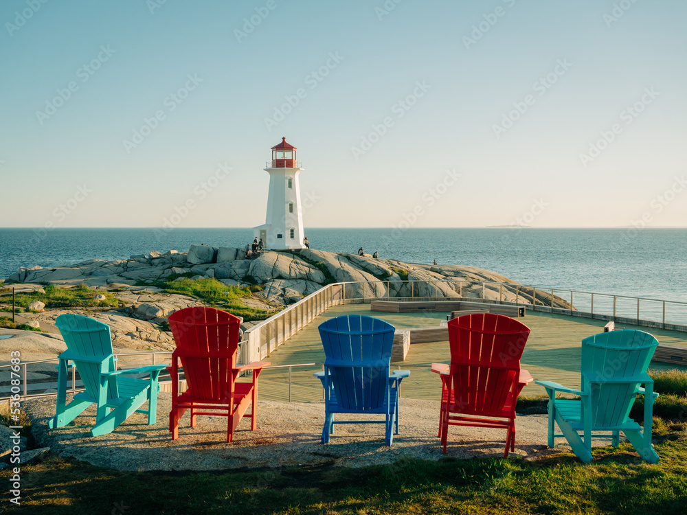 Canvas Prints Colorful Adirondack chairs and Peggys Cove Lighthouse, Peggys Cove, Nova Scotia, Canada