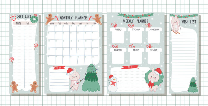 Set of cute planners with traditional Christmas illustrations. Monthly plan, weekly plan, wish list and gift list with kawaii bunny and christmas elements. Christmas and New Year planning