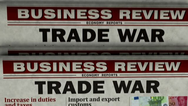 Trade War, economic protectionism and financial conflict. Newspaper printing press concept. Retro 3d rendering animation.