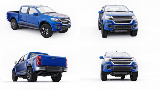 Denver, USA. October 27, 2021. Chevrolet Colorado. Blue pickup car on a white back ground. 3d rendering.