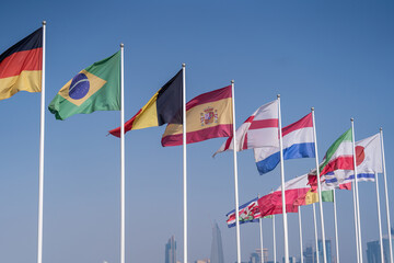 Flags of nations qualified for World Cup 2022 Qatar at Doha Corniche, Qatar.
