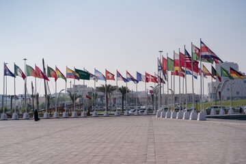 Flags of nations qualified for World Cup 2022 Qatar at Doha Corniche, Qatar.