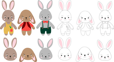 rabbits, hares cartoon characters set on white background, isolated vector