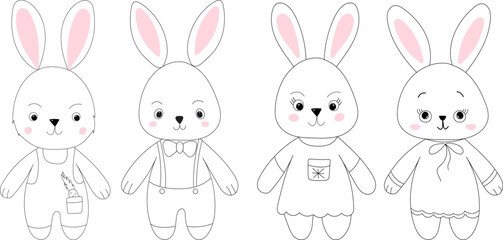 rabbits set sketch ,outline icon isolated vector