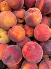 Many tasty fresh ripe red yellow peaches on farmers market shop directly above view