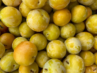 Yellow green plums fruits directly above view