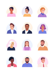 Collection of avatars. Vector cartoon illustration of portraits of diverse smiling business people of different ages and ethnicities. Isolated on white