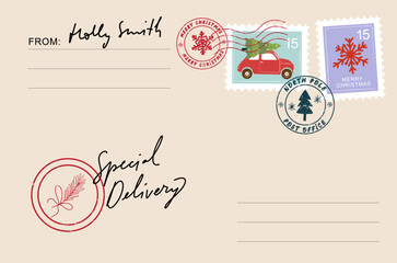 Christmas envelope with stamps, seals and inscriptions to santa claus. Special Delivery.