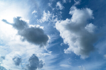 Blue sky with large and small white clouds of different shapes.