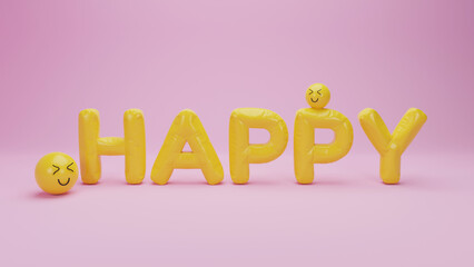 Yellow balloon Happy text with cartoon smile on pink background. 3D Render.