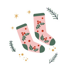 Cozy winter warm socks. Christmas and Happy New Year illustration. Vector winter hand drawn socks. Isolated vector element.